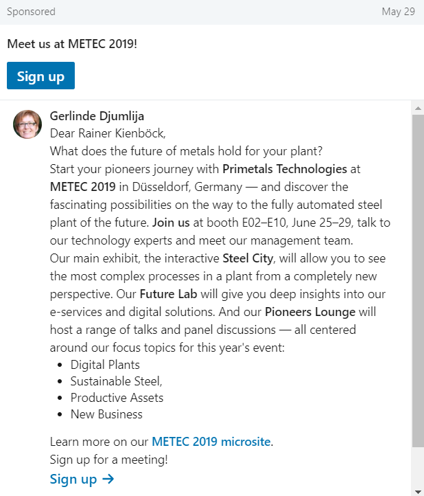 Screenshot LinkedIn Ad Primetals