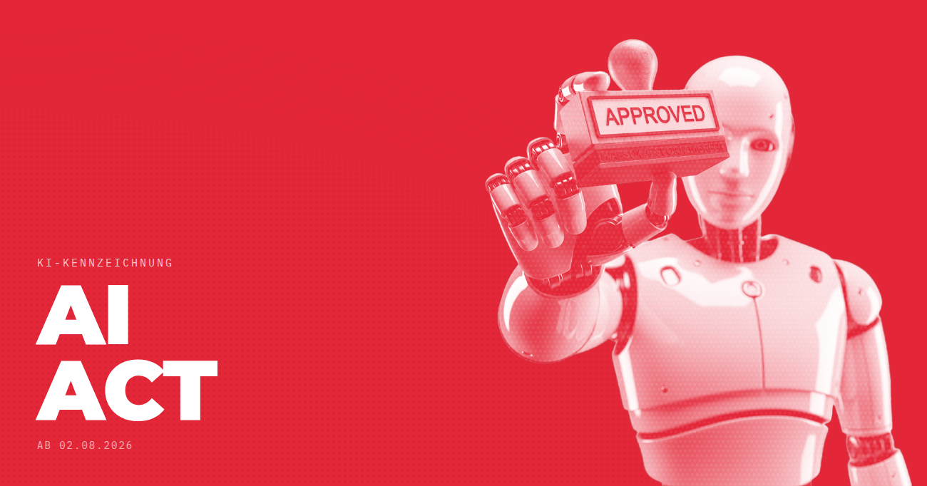 Titelbild: AI Act — KI-Kennzeichnung ab 02.08.2026, Frau prüft skeptisch einen Inhalt am Smartphone